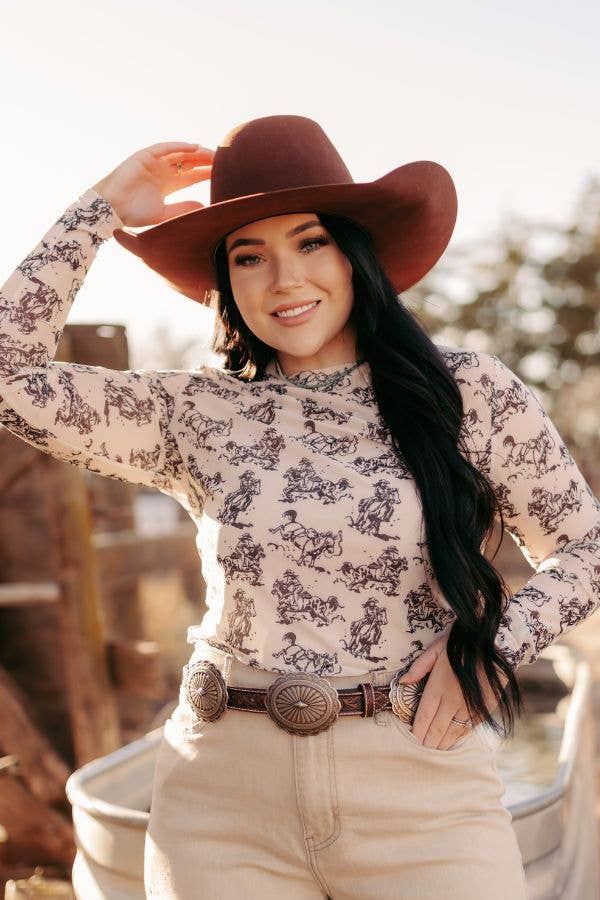 1221 Western Cream/Blk Cowgirl Mesh Top