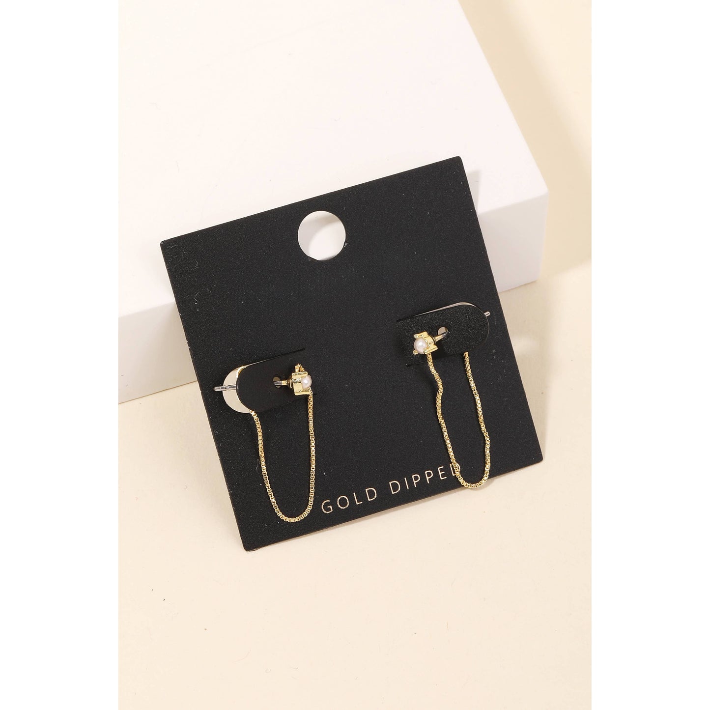 Gold Dipped Mini Pearl Chained Stud Earrings