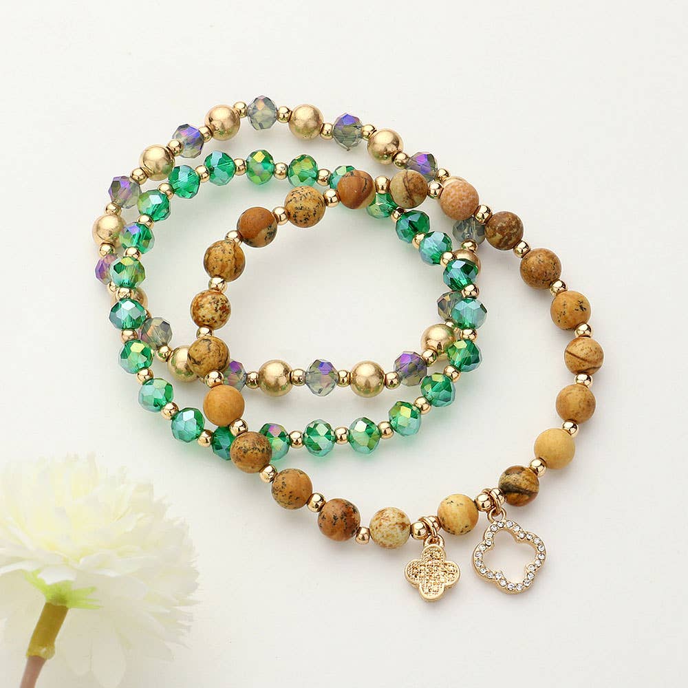 3PCS - Quatrefoil Faceted Beads Natural Stone Bracelets