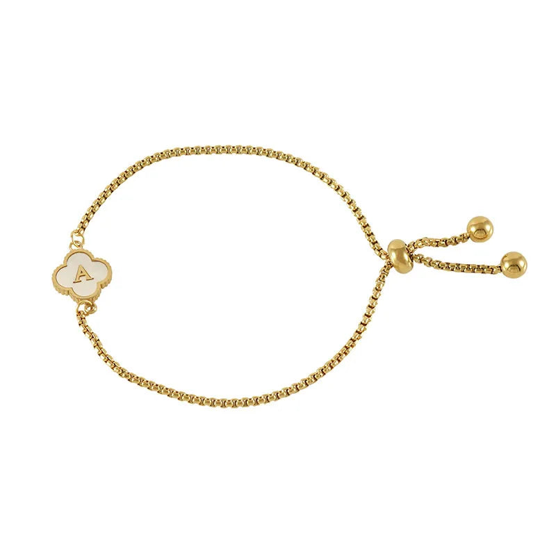 2023 New Design Gold Plated Stainless Steel A- Z Letter Bracelet Adjustable Inlaid Natural Shell Five Leaf Clover Bracelet