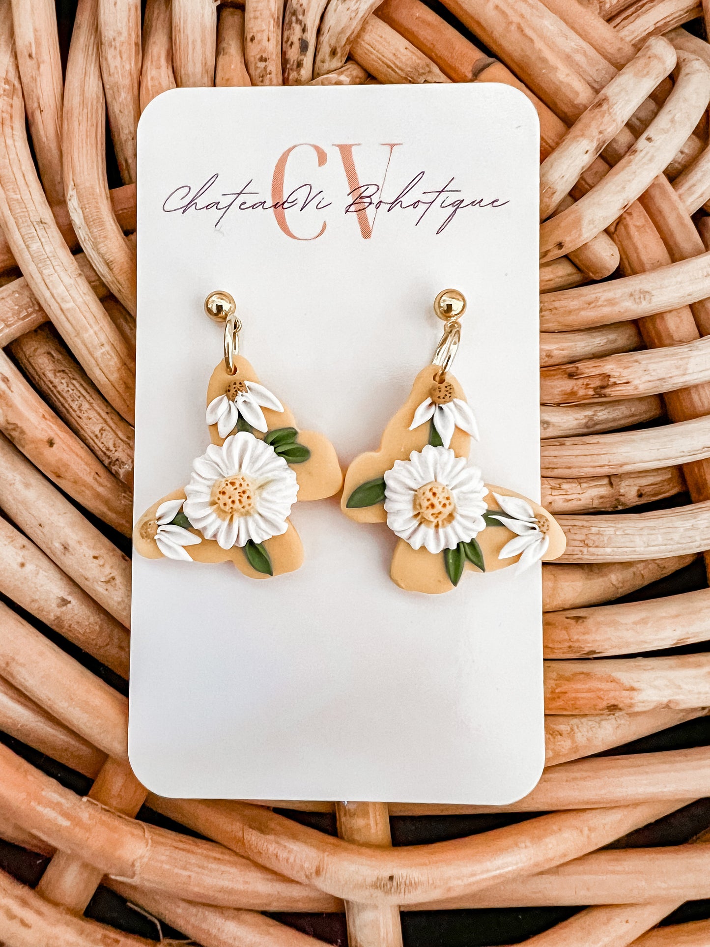 Butterfly Daisy Clay Earrings | Daisies | Stud Earrings | 18K Gold | Hypoallergenic