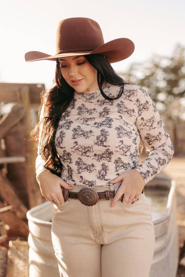 1221 Western Cream/Blk Cowgirl Mesh Top