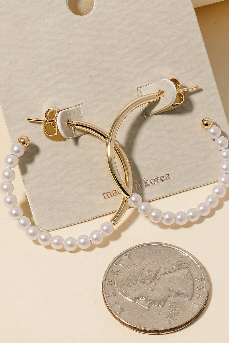 Pearl Beaded Metallic Hoop Earrings