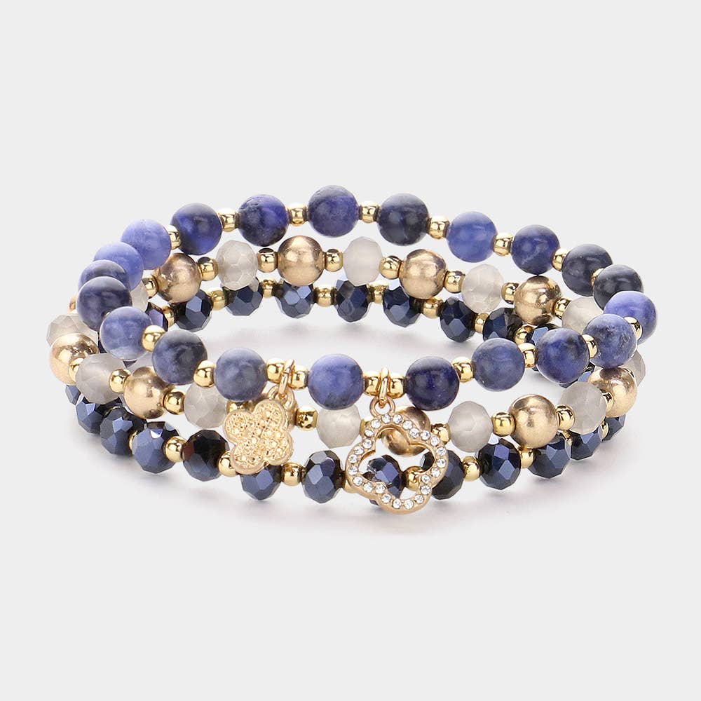 3PCS - Quatrefoil Faceted Beads Natural Stone Bracelets