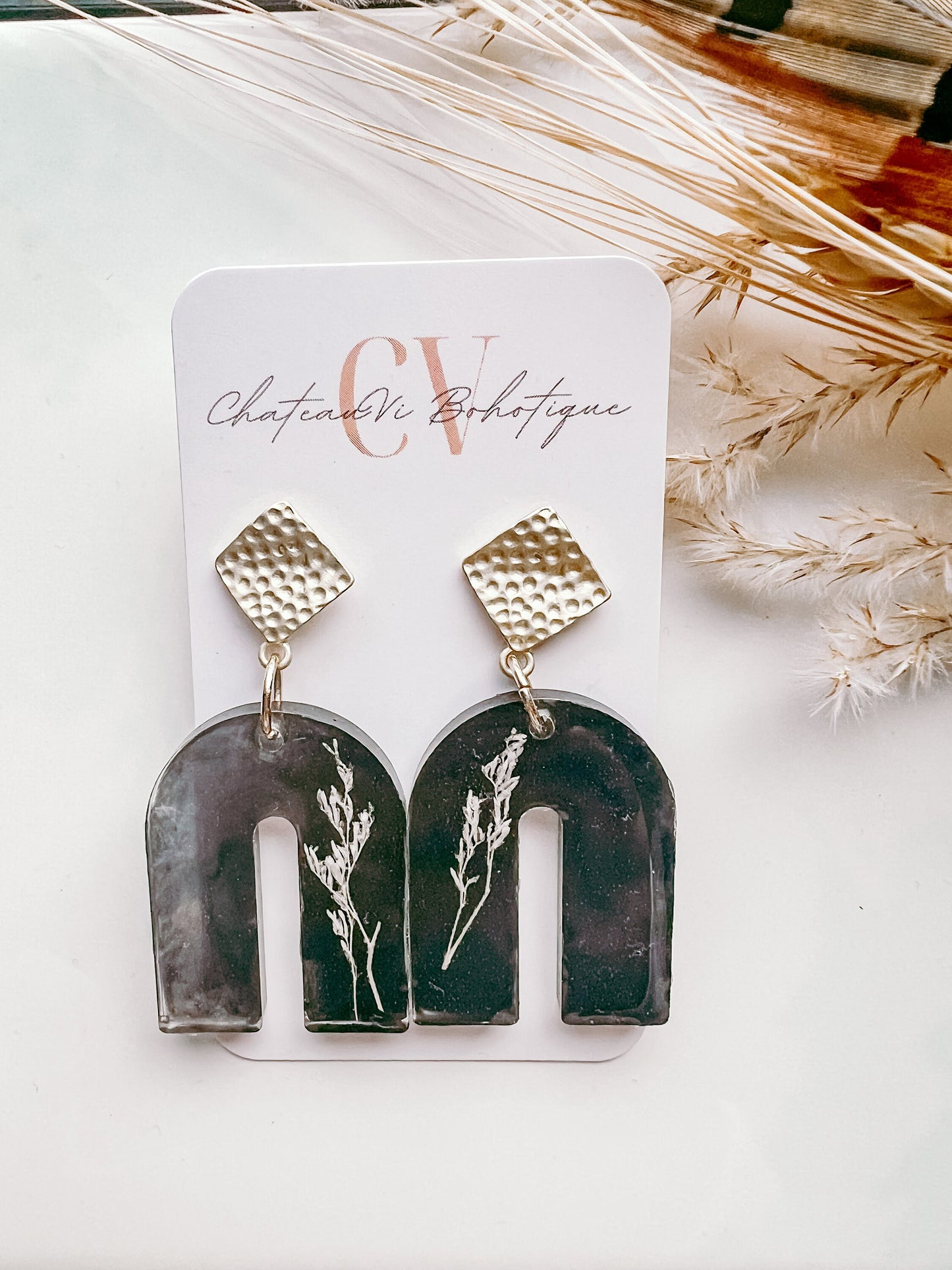 Boho Acrylic Arch Earrings | Resin Dried Floral Arch Studs