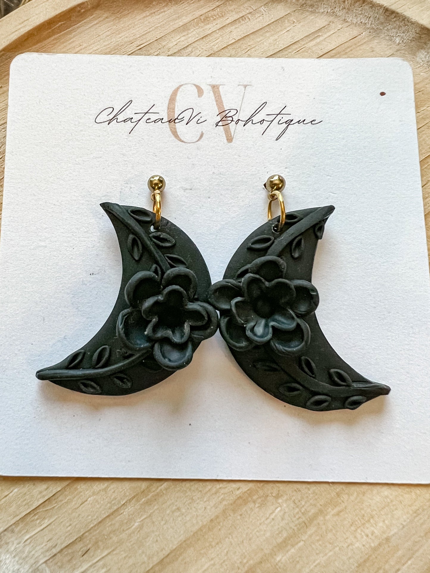 Crescent Floral Moon Clay Earrings | Matte Black | Gold Plated Stud