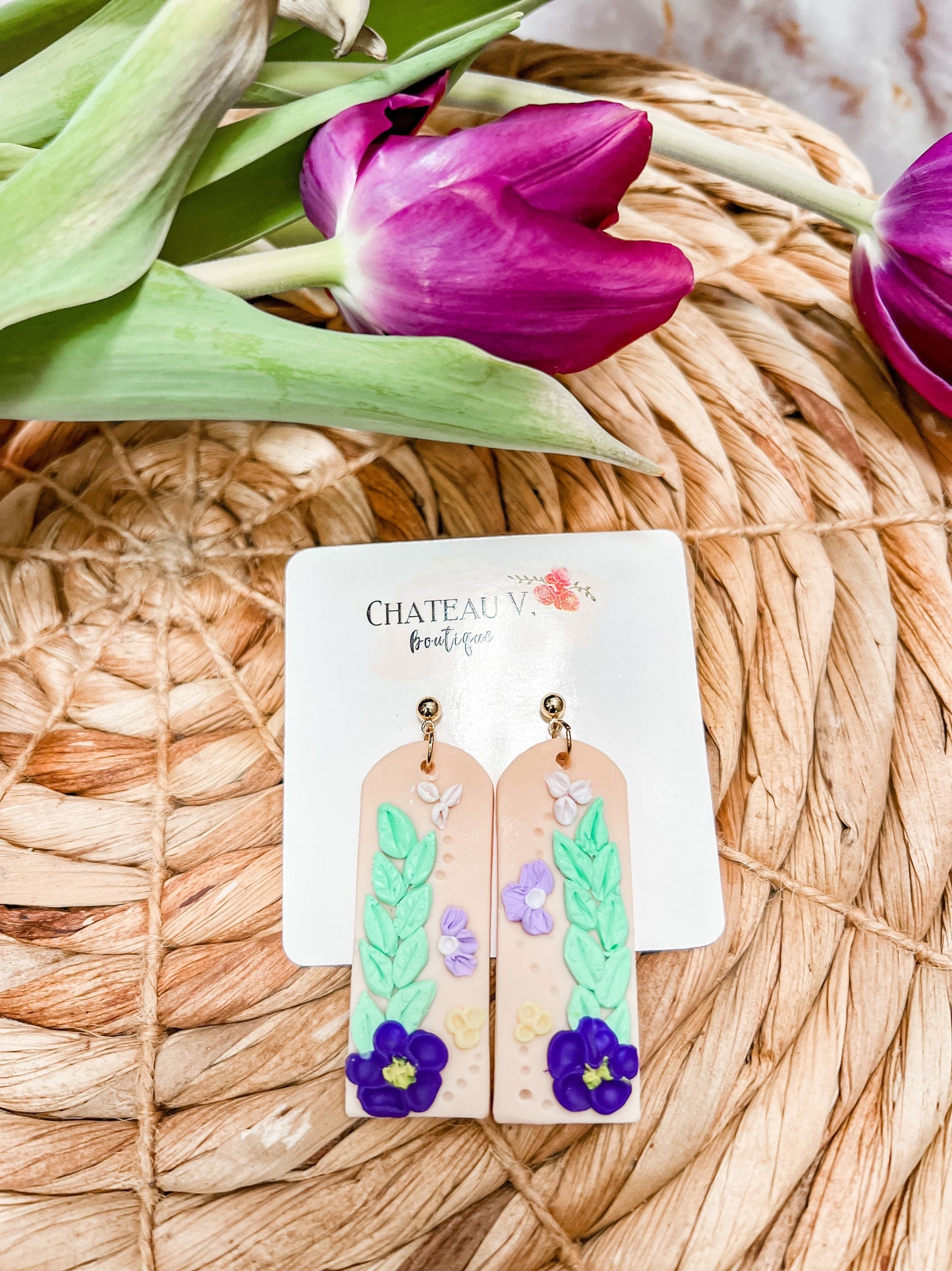 Clay Boho Dangle Floral Earrings, Spring