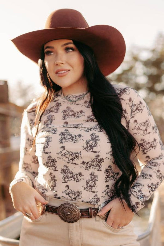 1221 Western Cream/Blk Cowgirl Mesh Top