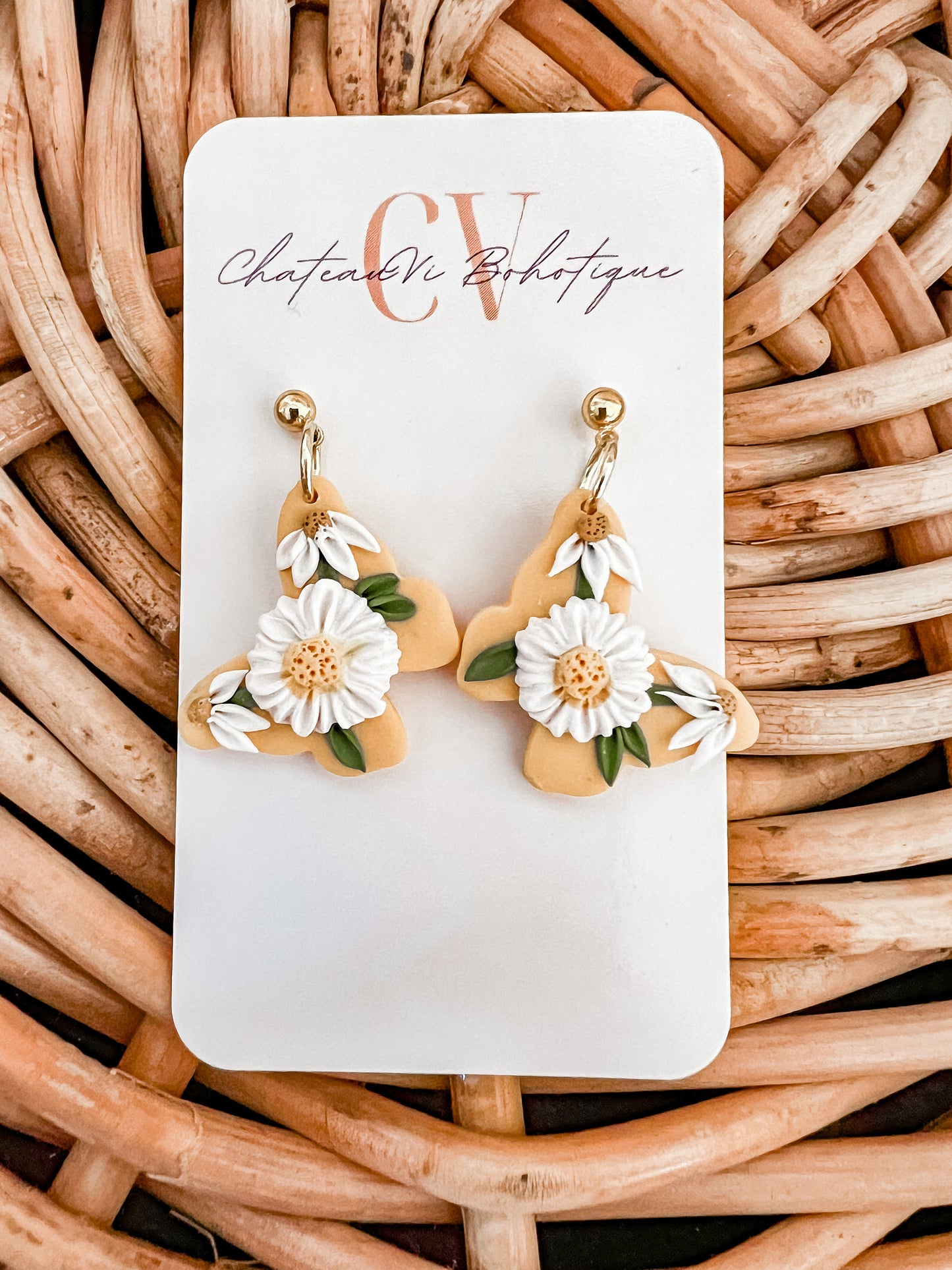 Butterfly Daisy Clay Earrings | Daisies | Stud Earrings | 18K Gold | Hypoallergenic