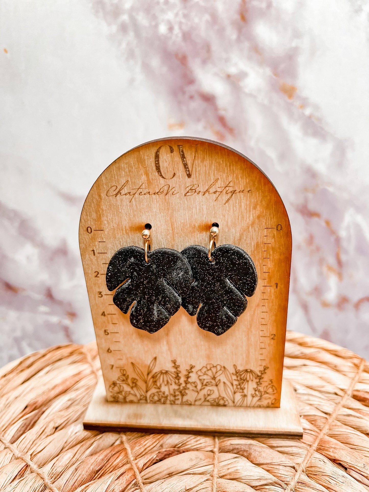 Monstera Leaf Clay Earrings | Boho Monstera Earrings | Monstera Black Gold Stud Earrings