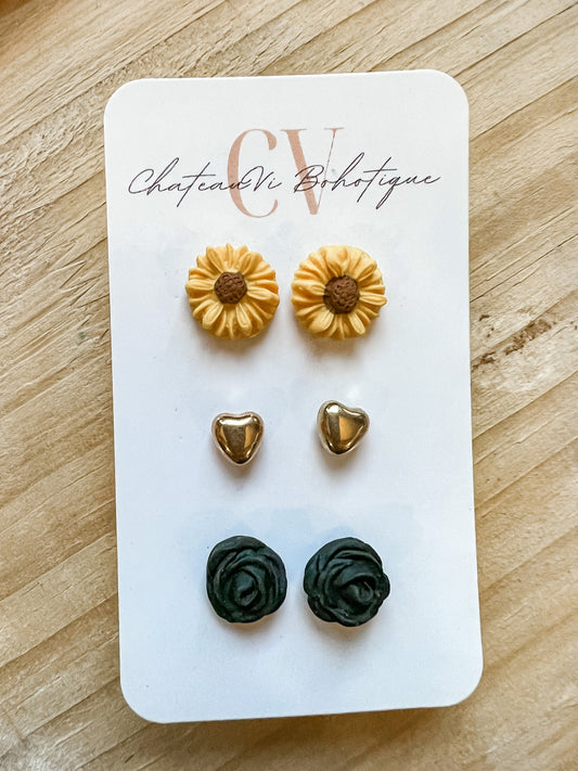 Sunflower, Heart, Black Rose Stud Pack